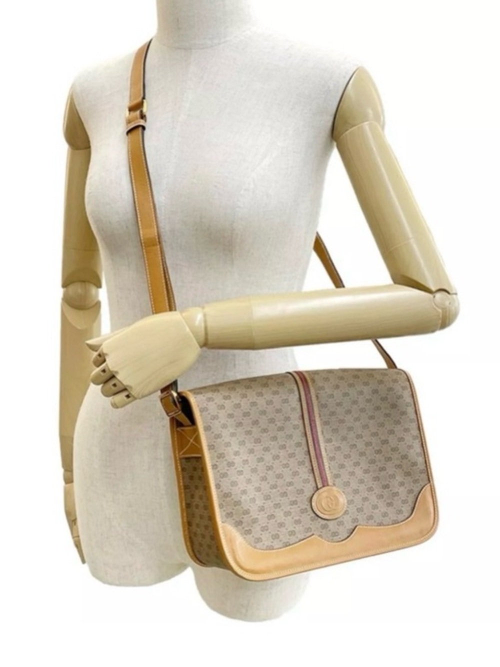 Gucci Monogram Crossbody Bag in Beige and Tan with Red Trim